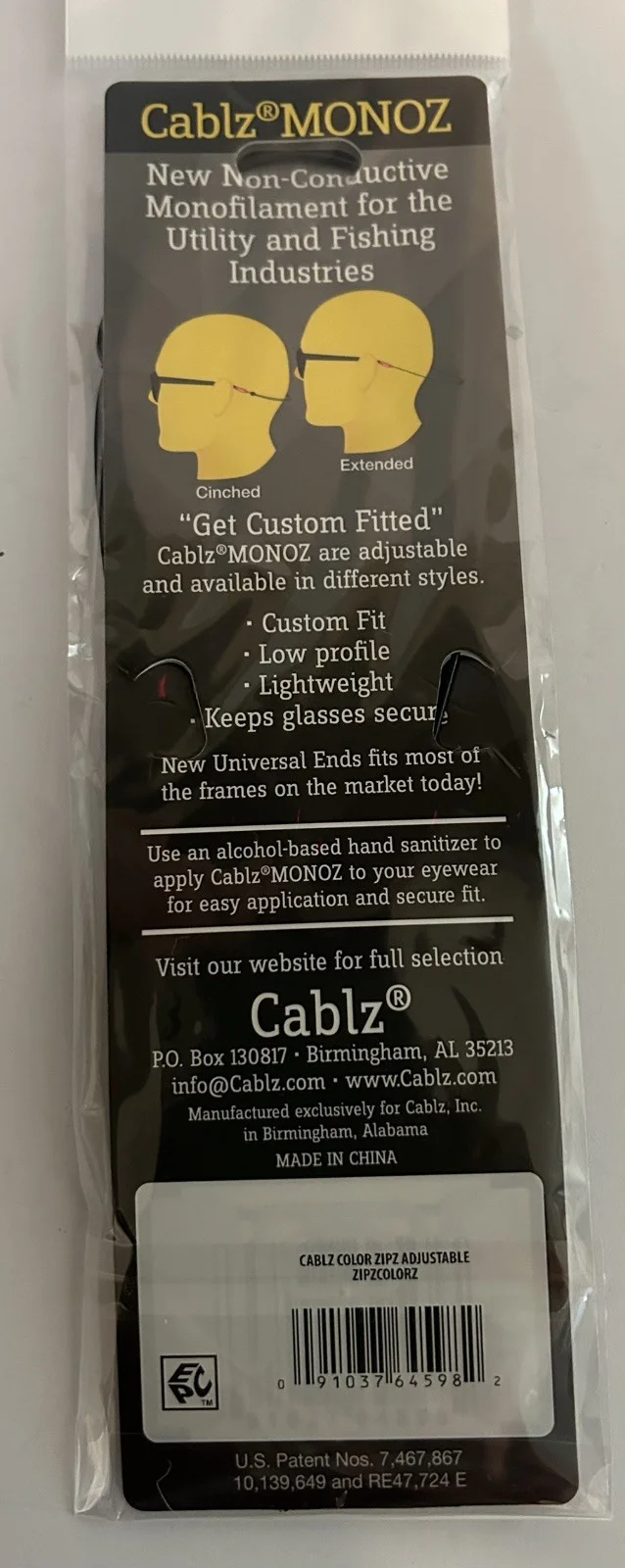 Cablz Monoz 14 inch adjustable eyewear retainer with univeral ends black NEW 2